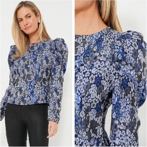 Hyacinth House NEW Blue Jacquard Priscilla Floral Puff Sleeve Blouse Size XXS